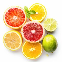 Colorful citrus slices arranged atop a white background.  Freshly cut grapefruit, lemon, lime, and orange segments