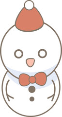 A cartoon of a snowman wearing a red hat and bow tie with his hands down.