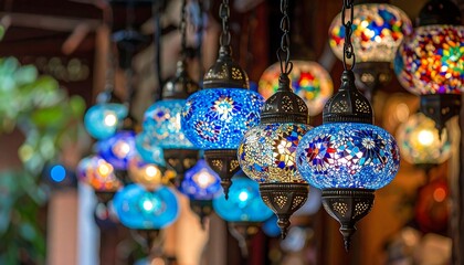 Colorful mosaic glass lanterns hang in a shop
