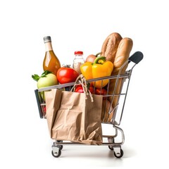 Shopping cart overflowing with groceries