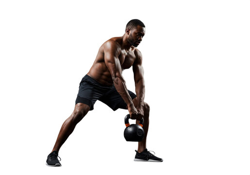Man with muscular build performing a kettlebell exercise on a white studio background shot