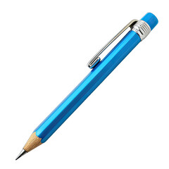 A bright blue mechanical pencil, angled.  Metallic finish.  Small clip