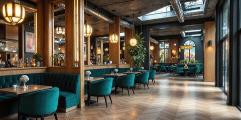Retro-Industrial Lounge with Mid-Century Accents - Chevron-patterned wood floors, exposed steel columns, deep emerald velvet seating, warm golden pendant lighting,