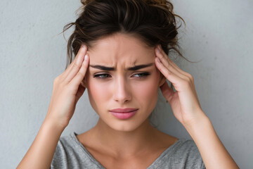 Fototapeta premium A woman with her hands on her head, looking sad