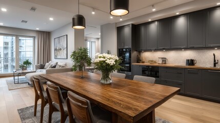 Fototapeta premium Modern interior design of scandinavian kitchen with dining table and chairs.