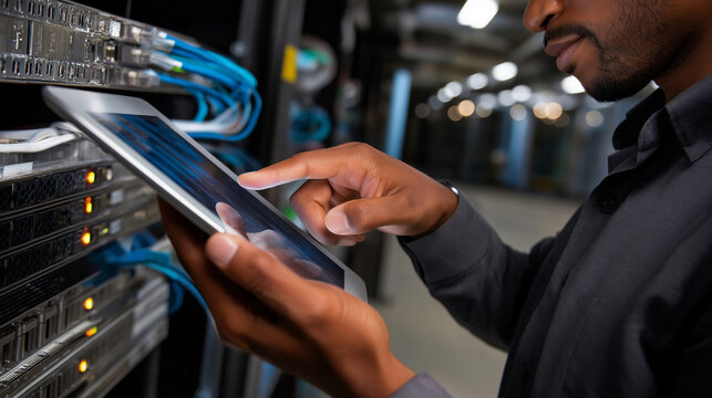 Engineer checking server ports with tablet in hand