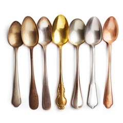 Seven vintage spoons of various metals, arranged in a row against a white background