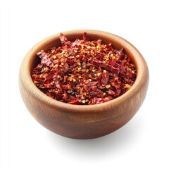 Dried red chili flakes in wooden bowl