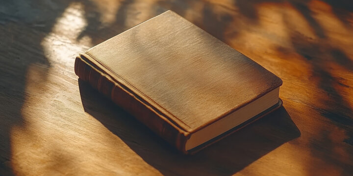 vintage photograph of a blank book illuminated by light and shadow, resting on a wooden table. It can be used on websites or blogs about education, storytelling, history, or spirituality.