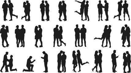 Silhouette couples in romantic, affectionate, and playful poses, love and companionship, diverse relationships, emotional bond, wedding, Valentine’s Day artistic illustration