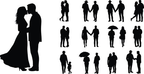 Silhouette couples, friends, and families in affectionate poses, love, unity, diversity, emotional bond, wedding, Valentine’s Day, relationship artistic illustration
