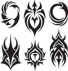 Fototapeta premium Six abstract tribal designs featuring circular and spiked shapes in black graphic