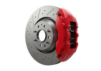 Close up of a gray brake rotor with drilled holes and a red brake caliper isolated on white