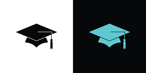 Split Black Graduation Cap on White, Cyan Cap on Black Background, Minimalist Design