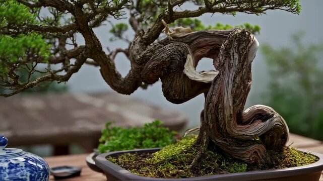A serene close-up of a masterfully sculpted ancient bonsai tree with a gnarled, twisted trunk.