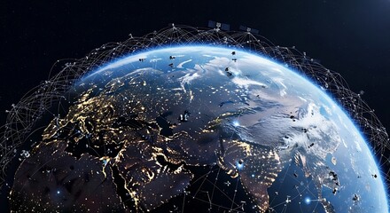 Global connectivity and satellite network illuminating planet Earth from space