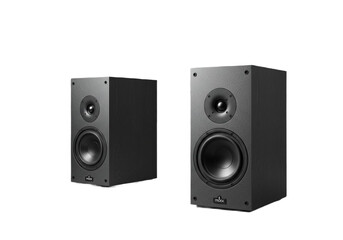 Fototapeta premium Two black mbox speakers positioned on a white background for audio listening pleasure