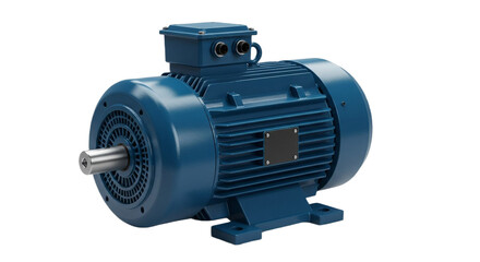 A blue electric motor with a shaft and cooling fins isolated on a white background view