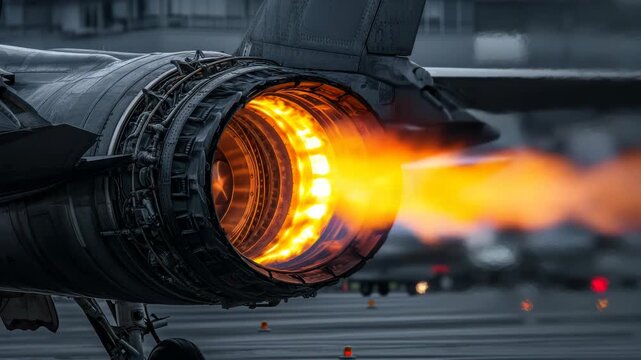 Captivating Close-Up View of a Military Jet Engine Exhausting Fiery Flames on the Runway