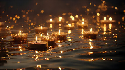 Golden Candles Floating on Dark Water at Night