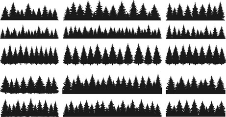 Silhouette pine tree forest borders, evergreen landscape elements, black nature illustration, coniferous woodland design, outdoor scenery, vector art, environmental concept