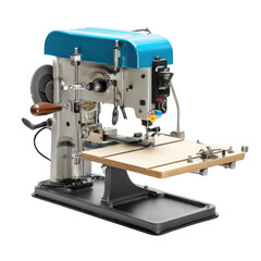 Benchtop scroll saw with a cast iron base for stability in a woodworking studio [Transparent Background PNG]