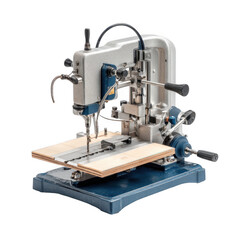 Benchtop scroll saw with a cast iron base for stability in a woodworking studio [Transparent Background PNG]