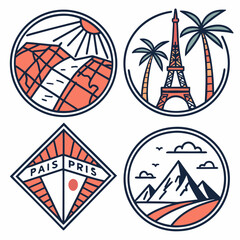 Travel destination emblems with iconic landmarks and nature scenes
