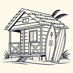 Wooden beach hut with surfboards and palm leaves cabin