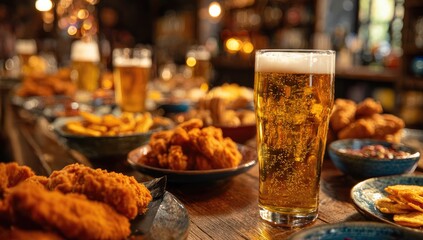 Fried food and beer on a bar top