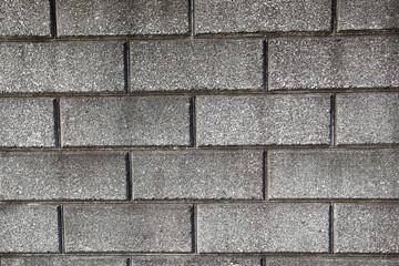 Close-up of a grey concrete block wall with rectangular patterns and rough surface texture.
