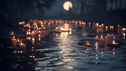 Floating Candles on Dark Water at Night