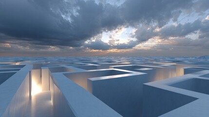 A vast, complex maze stretches under a dramatic sky.