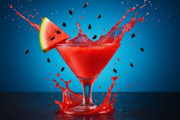 Watermelon cocktail splashing with a slice on the glass against a blue background