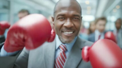 In a busy office, a smiling salesman wearing a suit and boxing gloves - Powered by Adobe