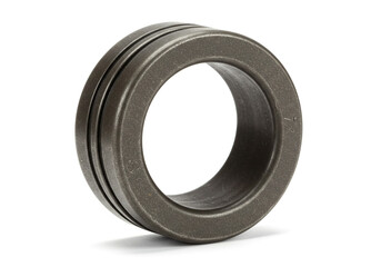 Close up shot of a metal cylindrical ring with two grooves on a white background studio shot