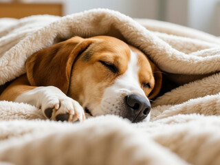 Cute beagle dog peacefully sleeping on a soft beige blanket at home. Perfect for pet care advertisements, veterinary services, animal shelter campaigns, cozy lifestyle promotions