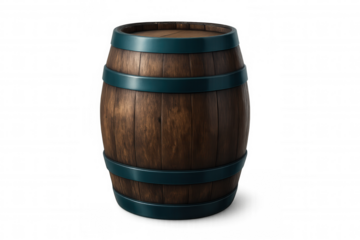 Classic wooden barrel with metal rings, isolated on transparent background, ideal for projects related to wine, beer, or spirits