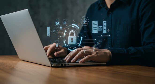 Person working on a laptop with a digital security interface.