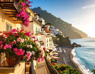 Coastal village at sunrise, buildings cascading down a hillside to a small beach