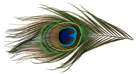 Obraz premium An elegant and delicate peacock feather with shimmering colors, isolated on white