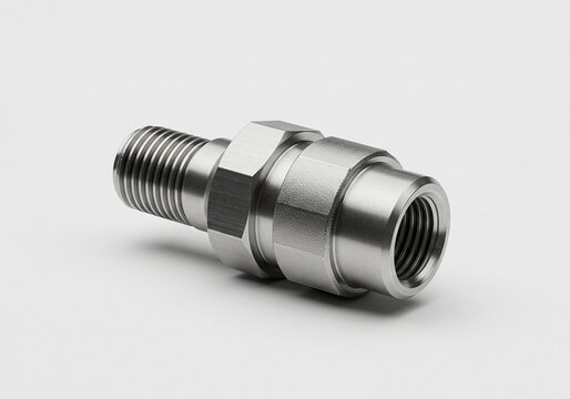 Close up of a metal fitting with threads on both ends on a white surface studio shot
