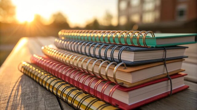 Stack of colorful spiral notebooks on wooden table in warm sunlight, back to school concept