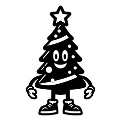 Christmas Tree in trendy groovy retro cartoon mascot with white background 