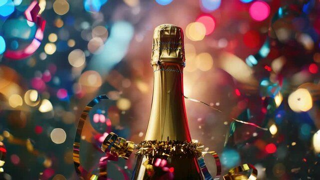 Colorful confetti and fireworks surround a popping champagne bottle in the center.