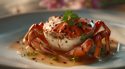 Closeup of Cooked Crab on a White Plate with Sauce and Garnish