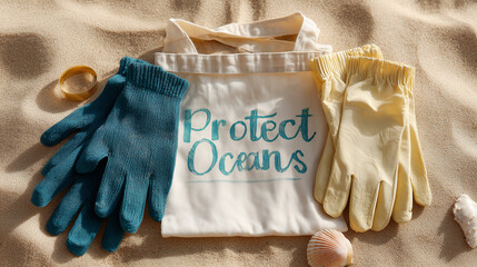 Eco-friendly gloves and tote bag for ocean protection on sandy surface  