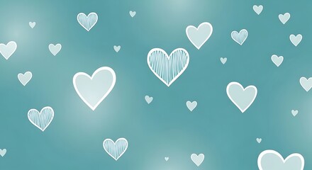 Turquoise dreamlike background with white hand-drawn hearts for romantic occasions