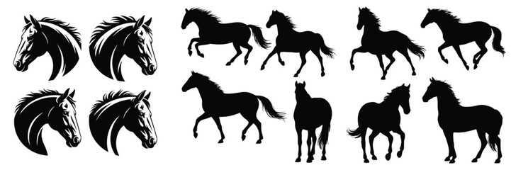 Obraz premium Black Horse Silhouettes Graphics Stallions, Mares, Heads in Various Poses on White