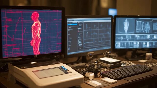 A diffused body fat scanner figure contrasts with sharp BMI chart data in the centre frame, illustrating variations in the accuracy of body composition assessments.